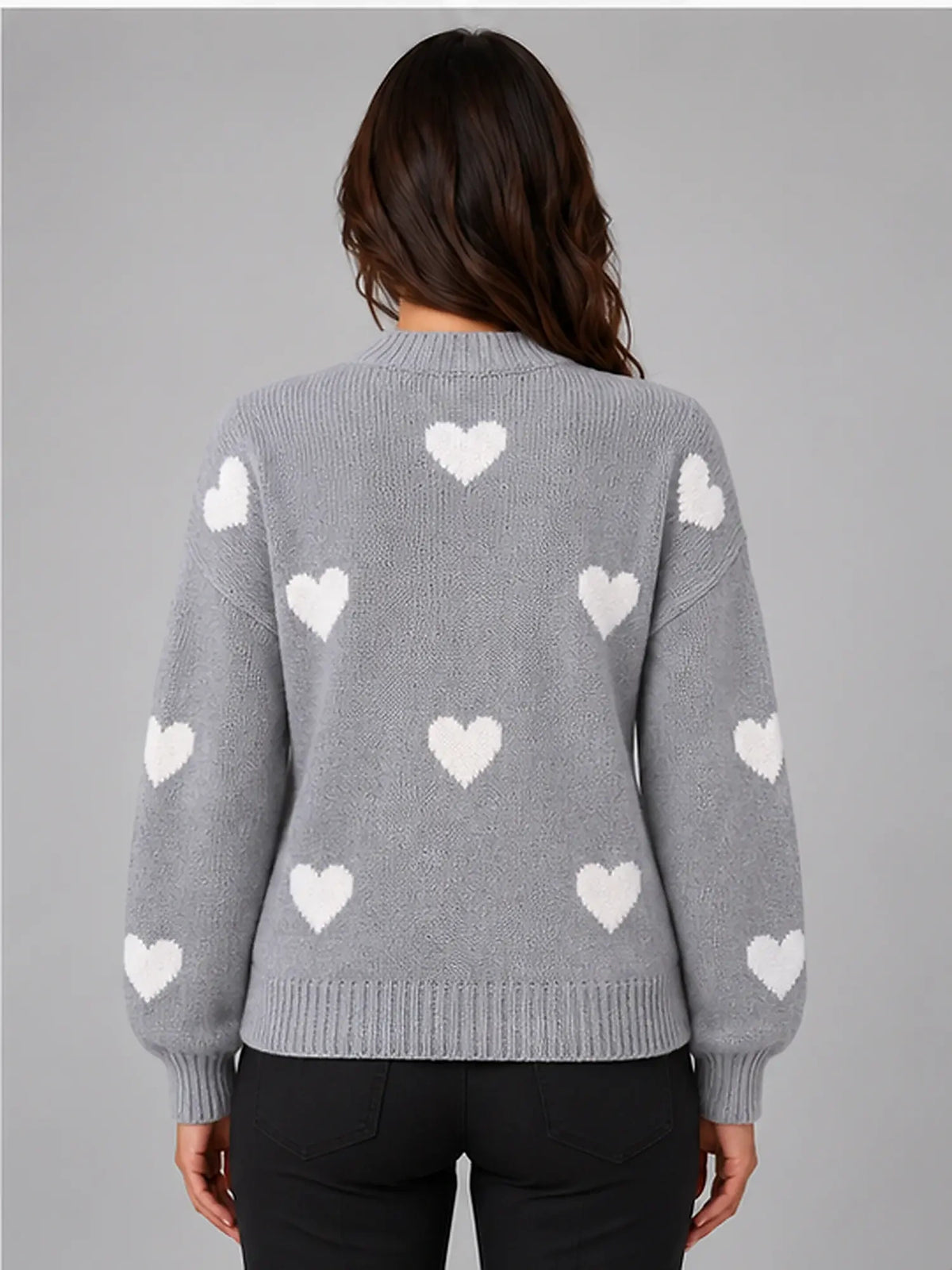 Women's Crewneck Sweater – Heart Print Knit in Grey/Ivory — back view