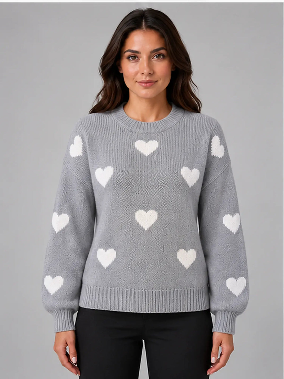 Women's Crewneck Sweater – Heart Print Knit in Grey/Ivory — front view
