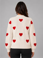 Women's Crewneck Sweater – Heart Print Knit in Ivory/Red — back view