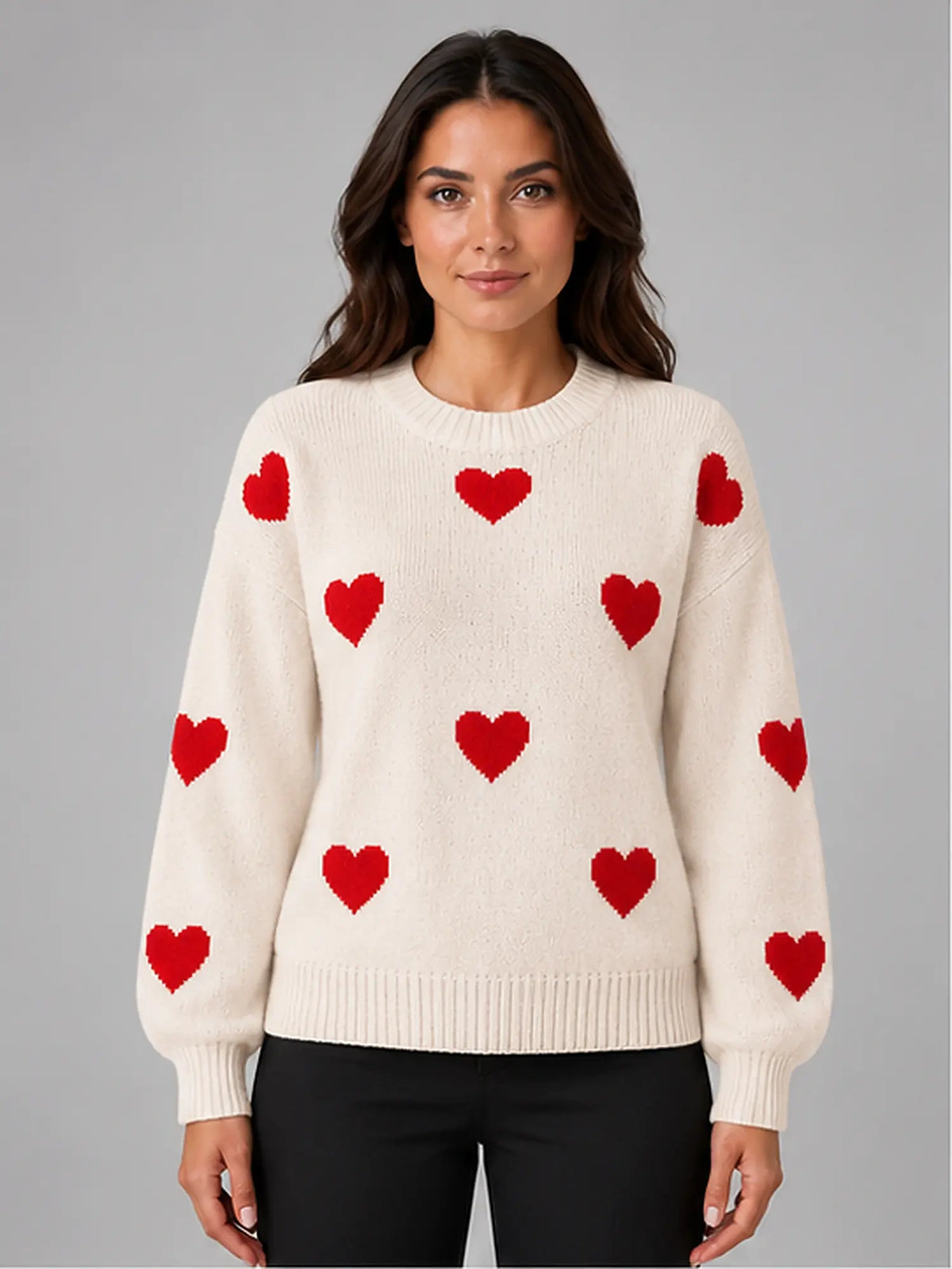 Women's Crewneck Sweater – Heart Print Knit in Ivory/Red — front view