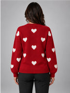 Women's Crewneck Sweater – Heart Print Knit in Red/Ivory — back view