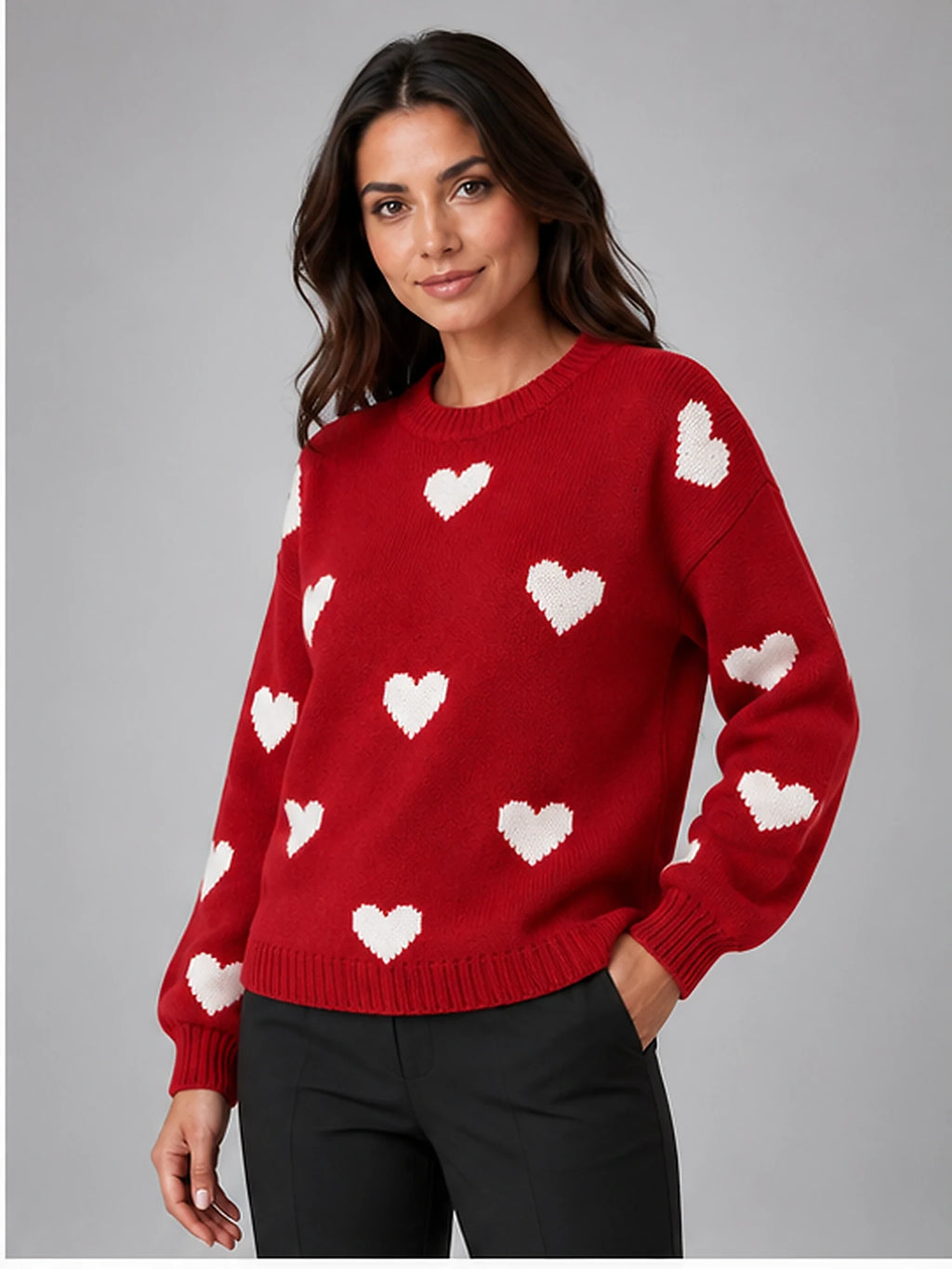 Women's Crewneck Sweater – Heart Print Knit in Red/Ivory — alternate view