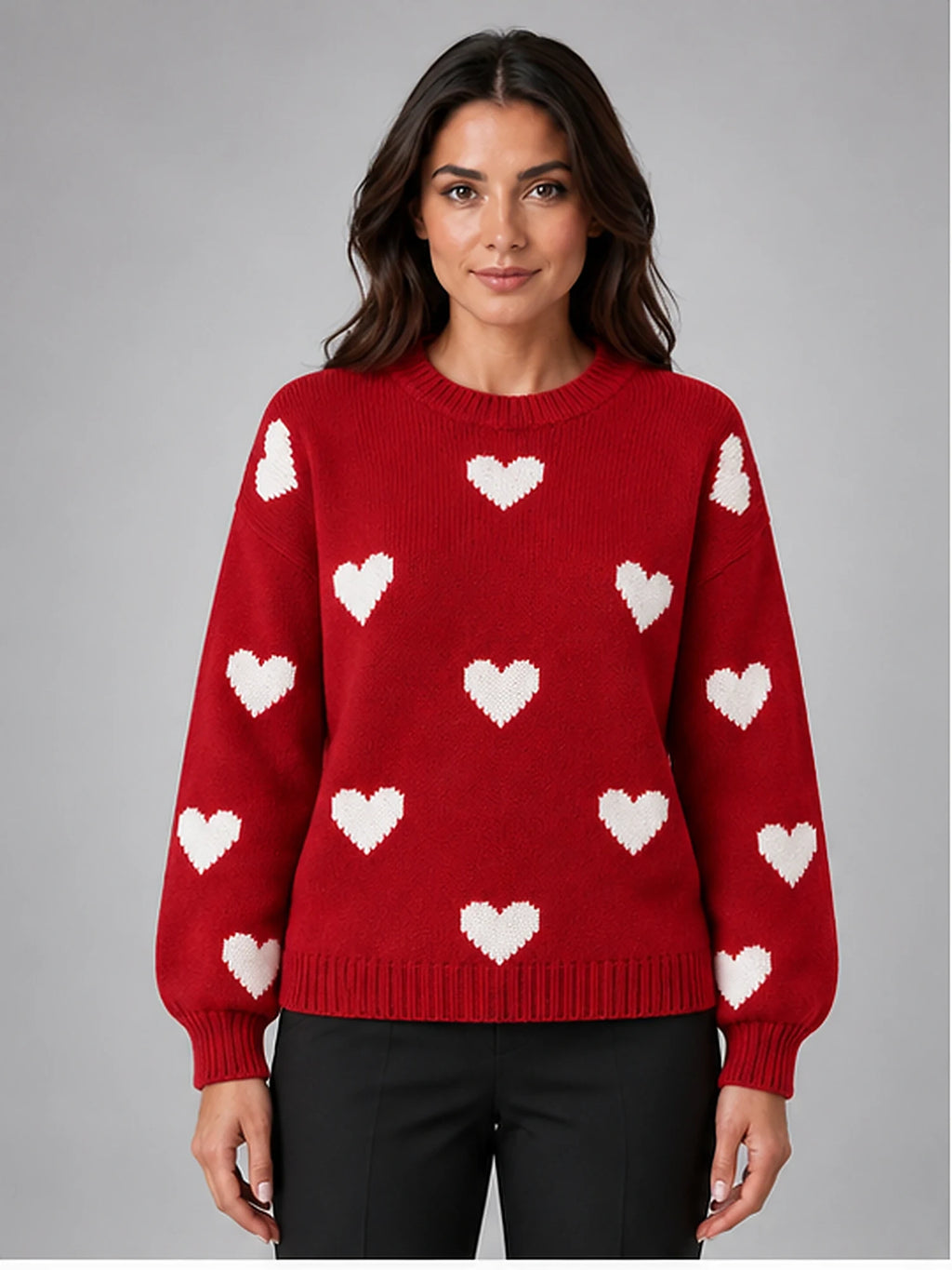 Women's Crewneck Sweater – Heart Print Knit in Red/Ivory — front view