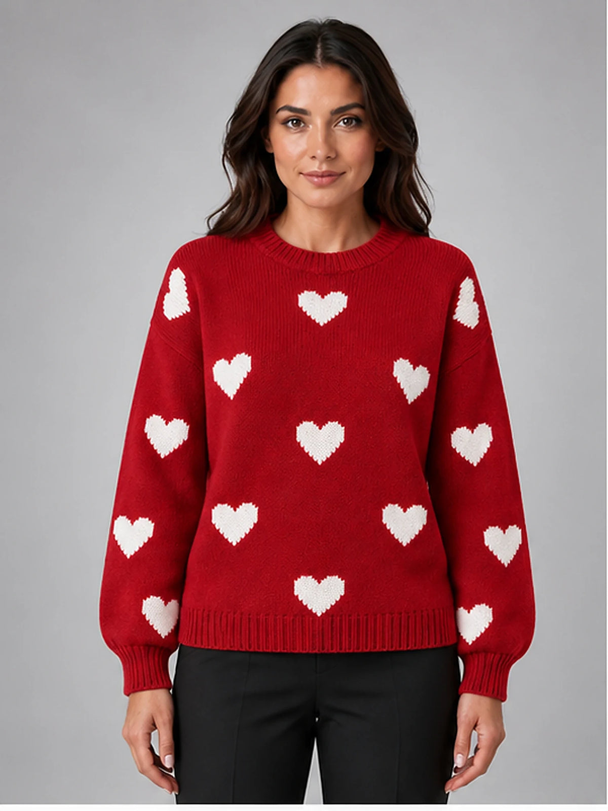 Women's Crewneck Sweater – Heart Print Knit in Red/Ivory — front view