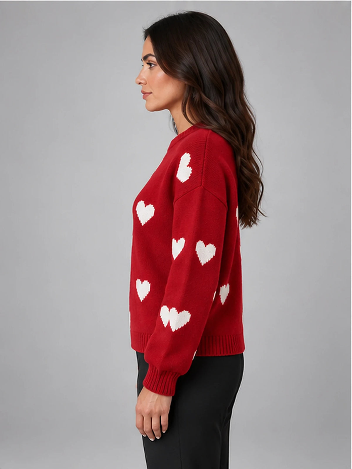 Women's Crewneck Sweater – Heart Print Knit in Red/Ivory — side view