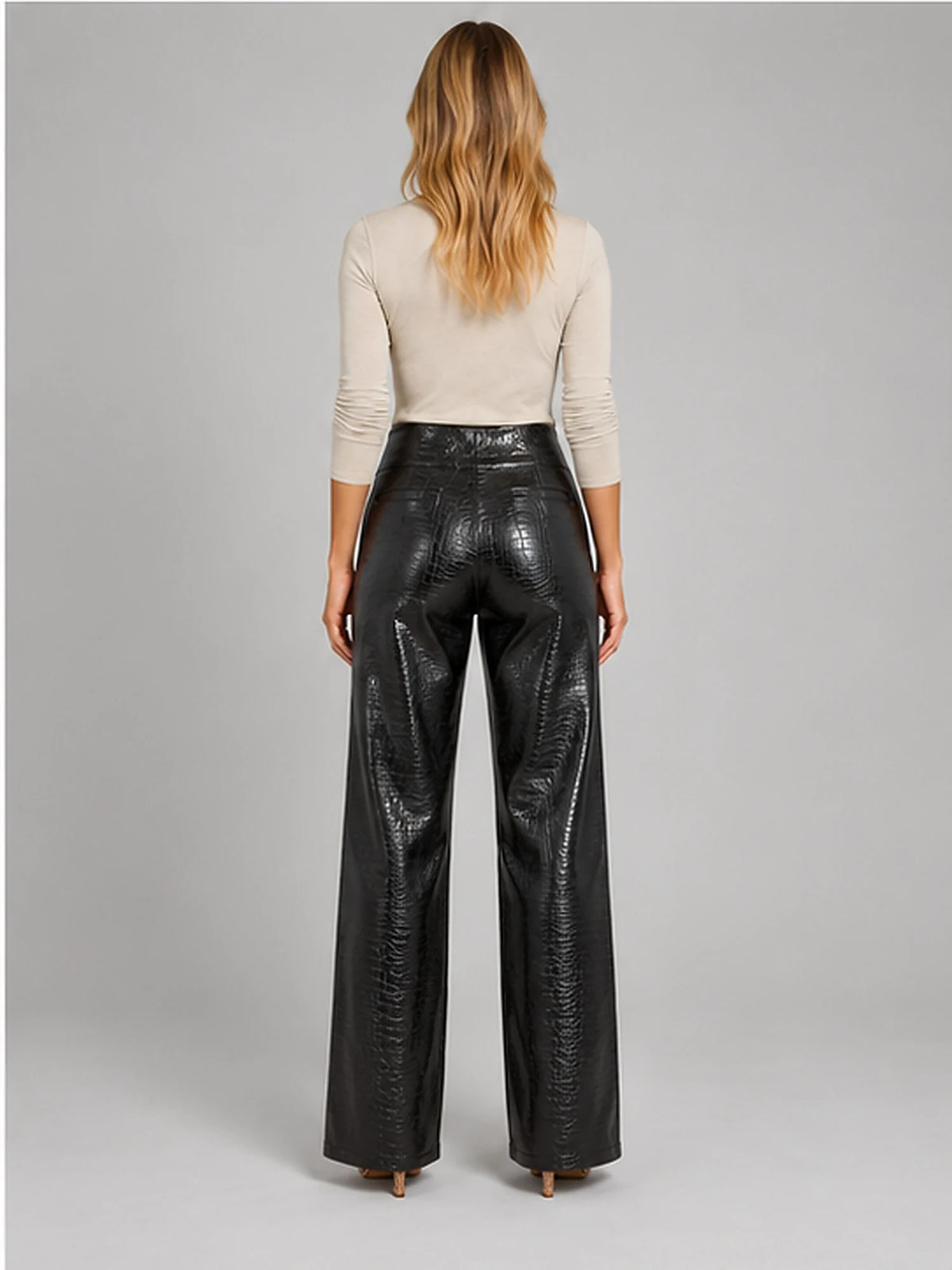 Women's Croc-Embossed Trousers – Straight Leg Faux Leather in Black — back view