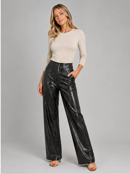 Women's Croc-Embossed Trousers – Straight Leg Faux Leather in Black — alternate view