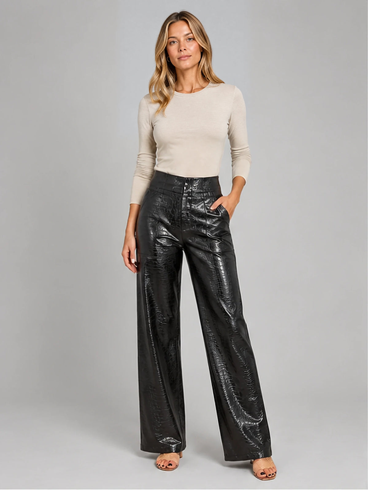 Women's Croc-Embossed Trousers – Straight Leg Faux Leather in Black — front view