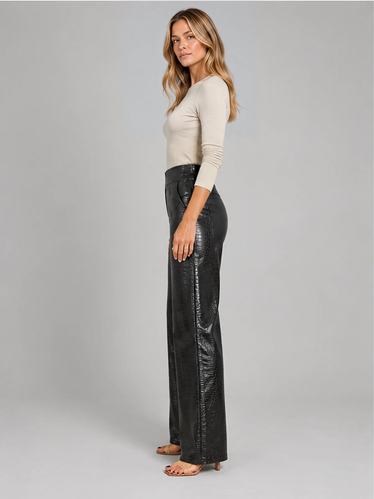 Women's Croc-Embossed Trousers – Straight Leg Faux Leather in Black — side view