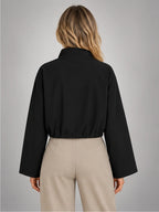 Women's Cropped Bomber Jacket – Funnel Neck Zip-Up in Black — back view