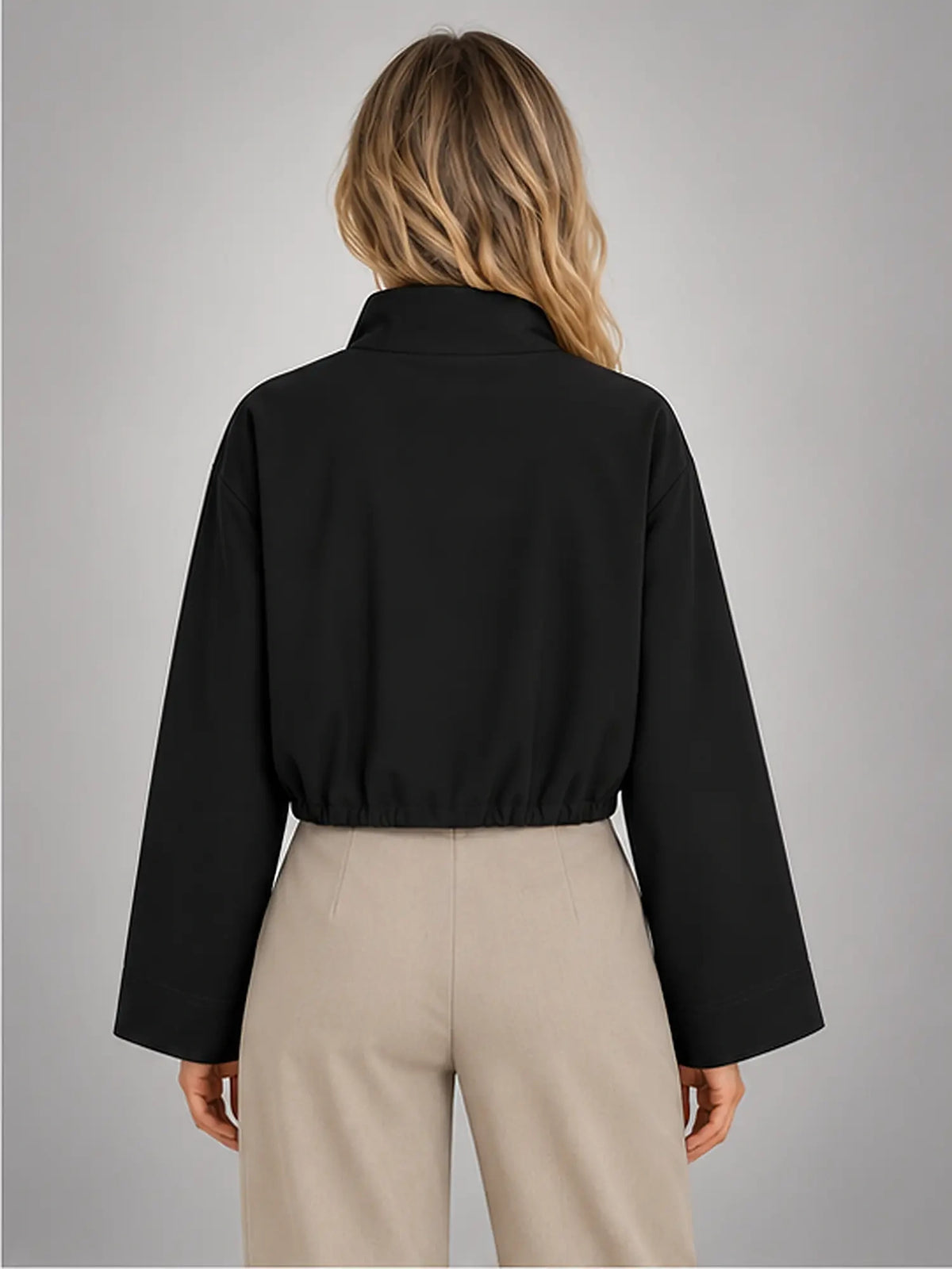 Women's Cropped Bomber Jacket – Funnel Neck Zip-Up in Black — back view