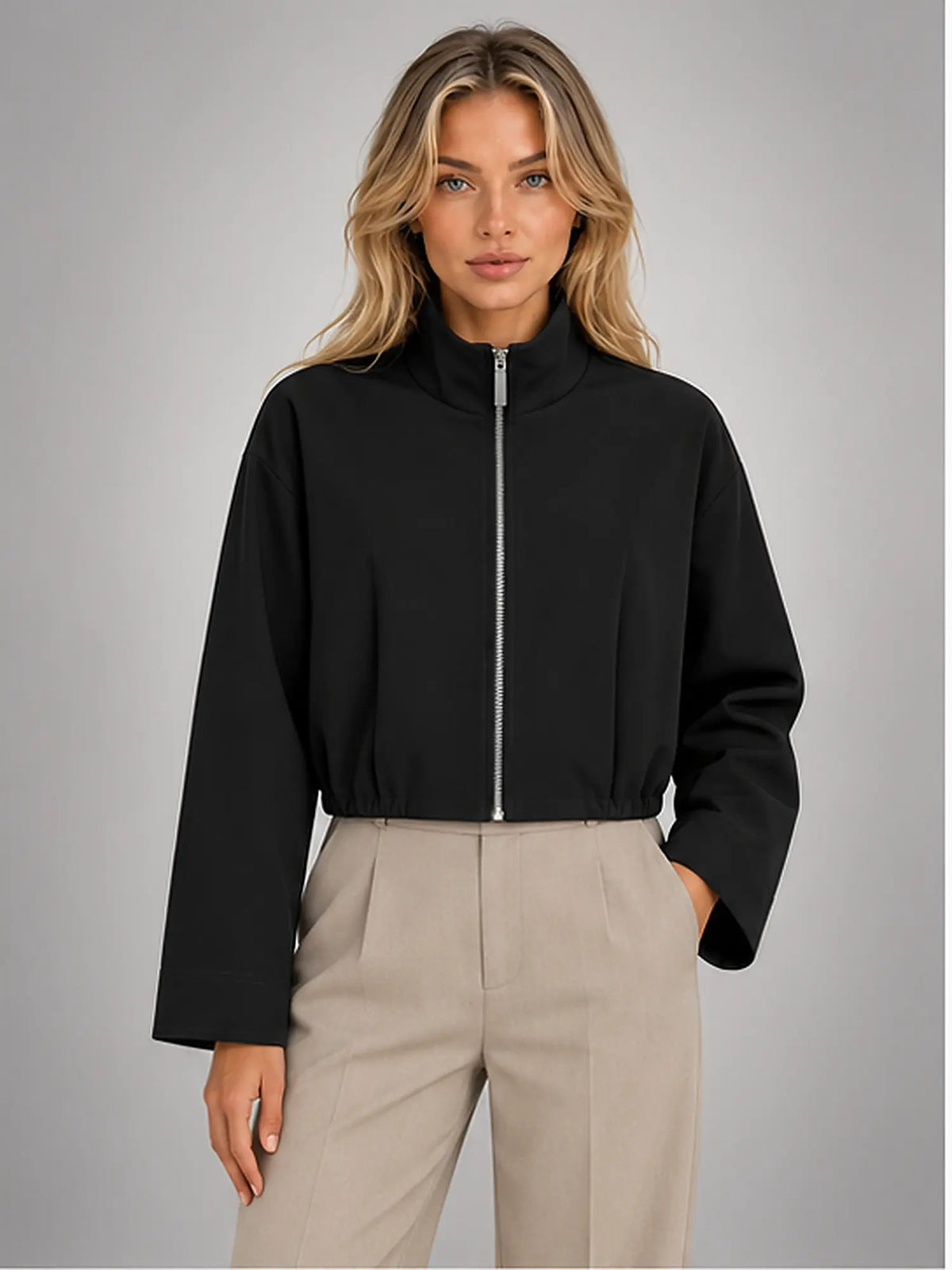 Women's Cropped Bomber Jacket – Funnel Neck Zip-Up in Black — front view