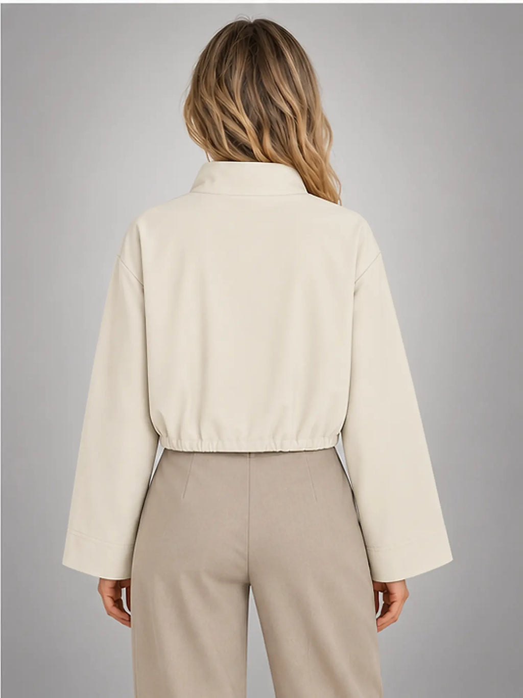 Women's Cropped Bomber Jacket – Funnel Neck Zip-Up in Ivory — back view