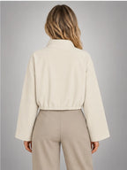 Women's Cropped Bomber Jacket – Funnel Neck Zip-Up in Ivory — back view