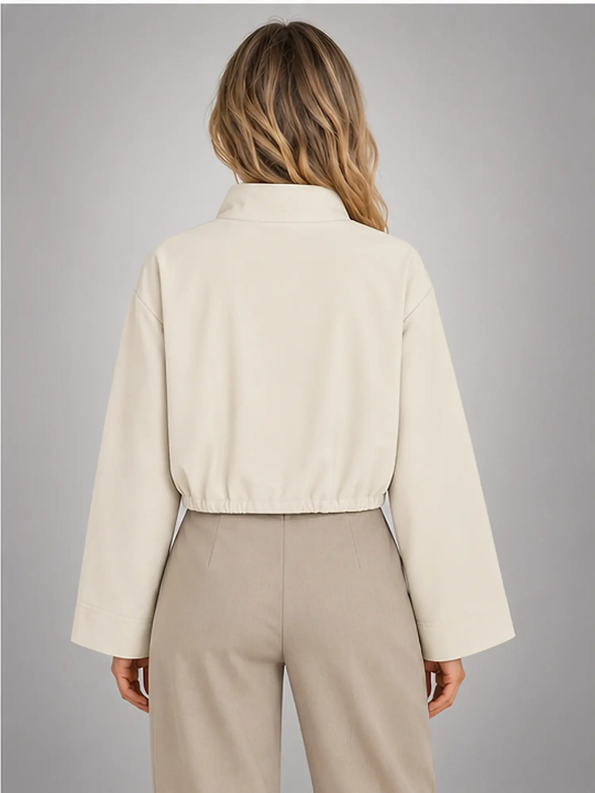 Women's Cropped Bomber Jacket – Funnel Neck Zip-Up in Ivory — back view