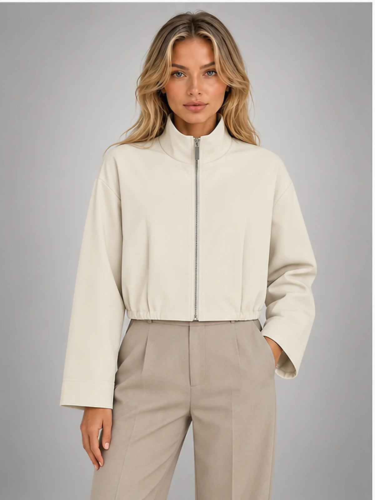 Women's Cropped Bomber Jacket – Funnel Neck Zip-Up in Ivory — front view