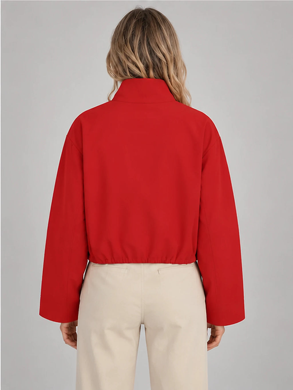 Women's Cropped Bomber Jacket – Funnel Neck Zip-Up in Red — back view