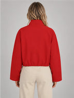 Women's Cropped Bomber Jacket – Funnel Neck Zip-Up in Red — back view