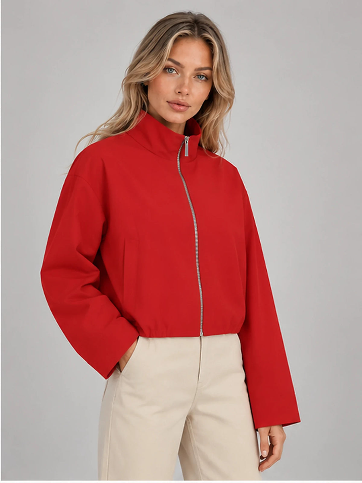 Women's Cropped Bomber Jacket – Funnel Neck Zip-Up in Red — alternate view