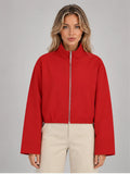 Women's Cropped Bomber Jacket – Funnel Neck Zip-Up in Red — front view
