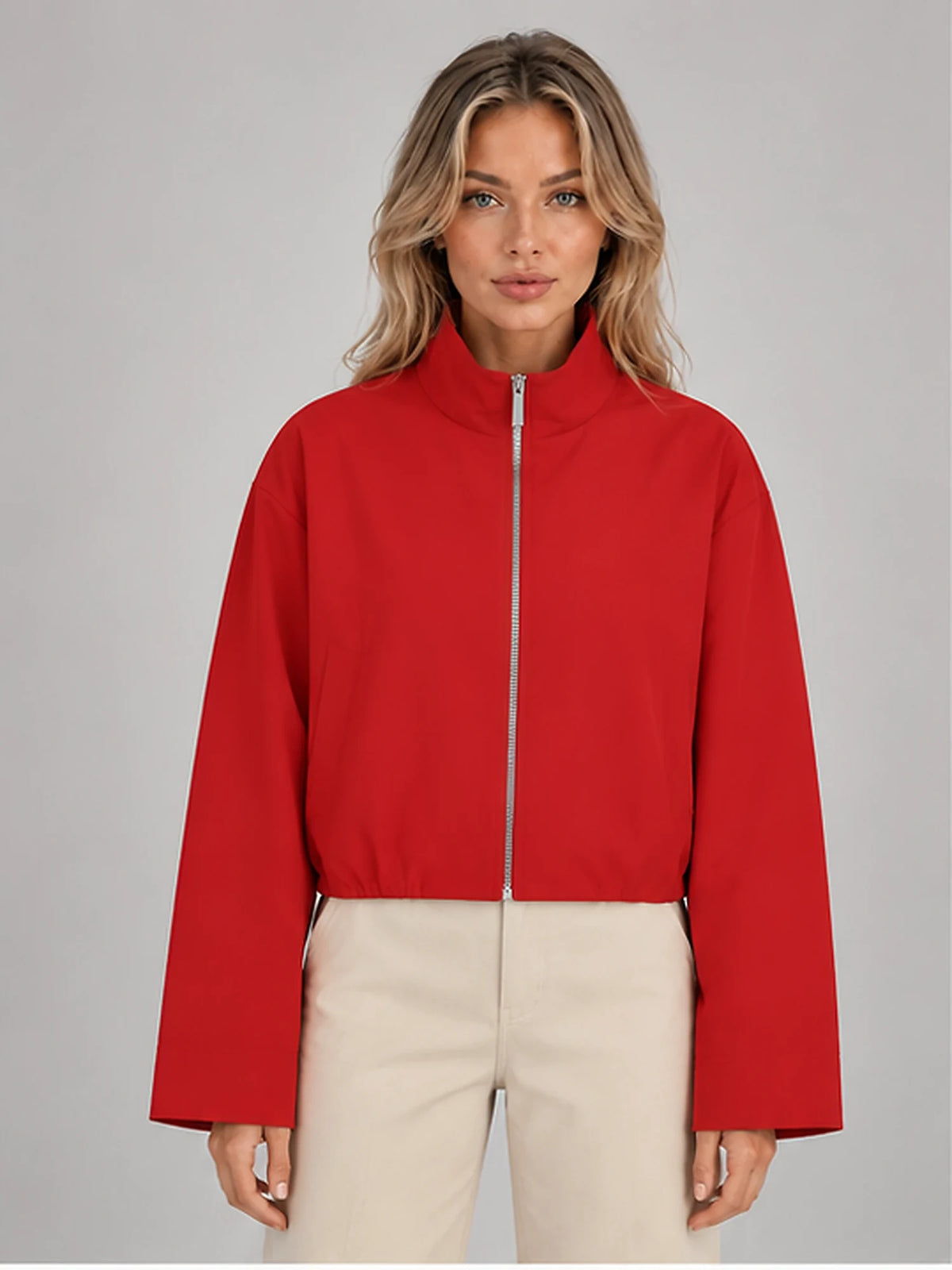 Women's Cropped Bomber Jacket – Funnel Neck Zip-Up in Red — front view