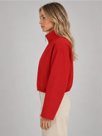Women's Cropped Bomber Jacket – Funnel Neck Zip-Up in Red — side view