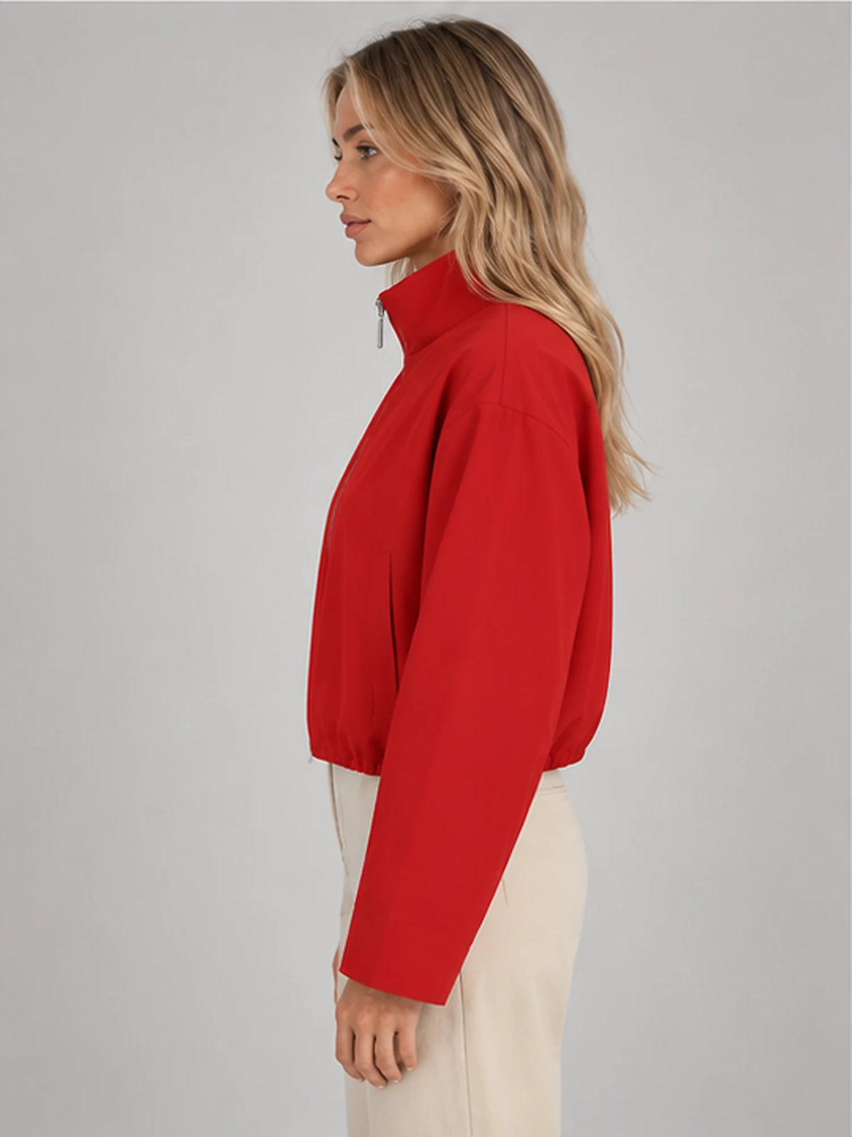 Women's Cropped Bomber Jacket – Funnel Neck Zip-Up in Red — side view