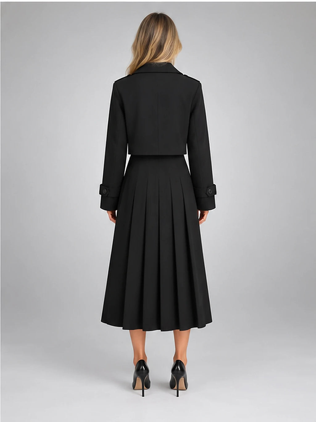 Women's Cropped Jacket Co-Ord – Pleated Midi Skirt in Black — back view