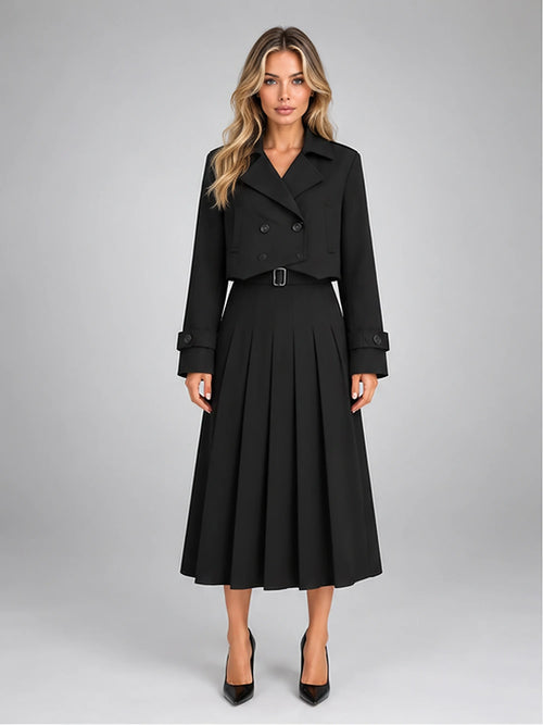 Women's Cropped Jacket Co-Ord – Pleated Midi Skirt in Black — front view