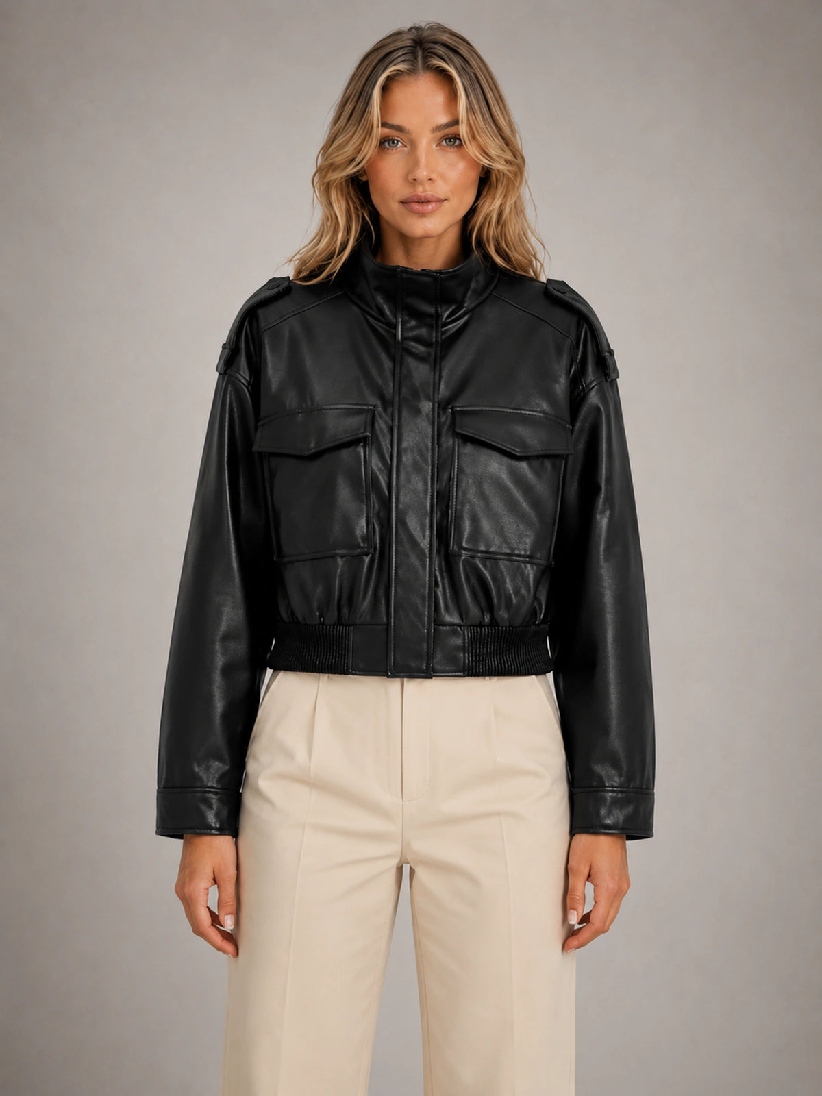 Women's Cropped Leather-Look Bomber Jacket – Modern Relaxed Fit