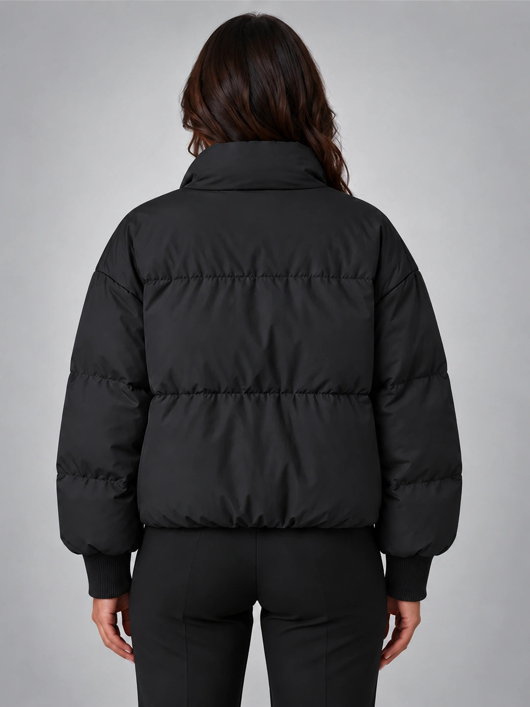 Women's Cropped Puffer Jacket – Funnel Neck in Black — back view