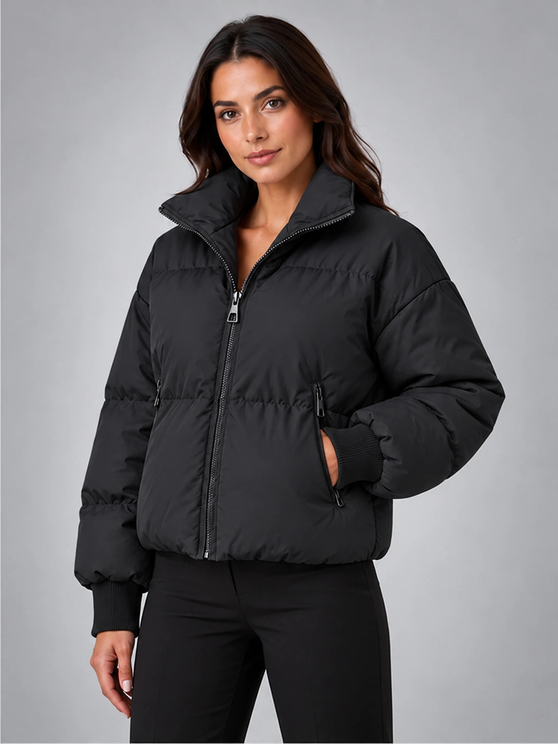 Women's Cropped Puffer Jacket – Funnel Neck in Black — alternate view