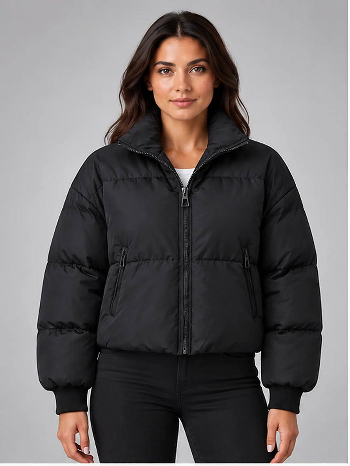 Women's Cropped Puffer Jacket – Funnel Neck in Black — front view