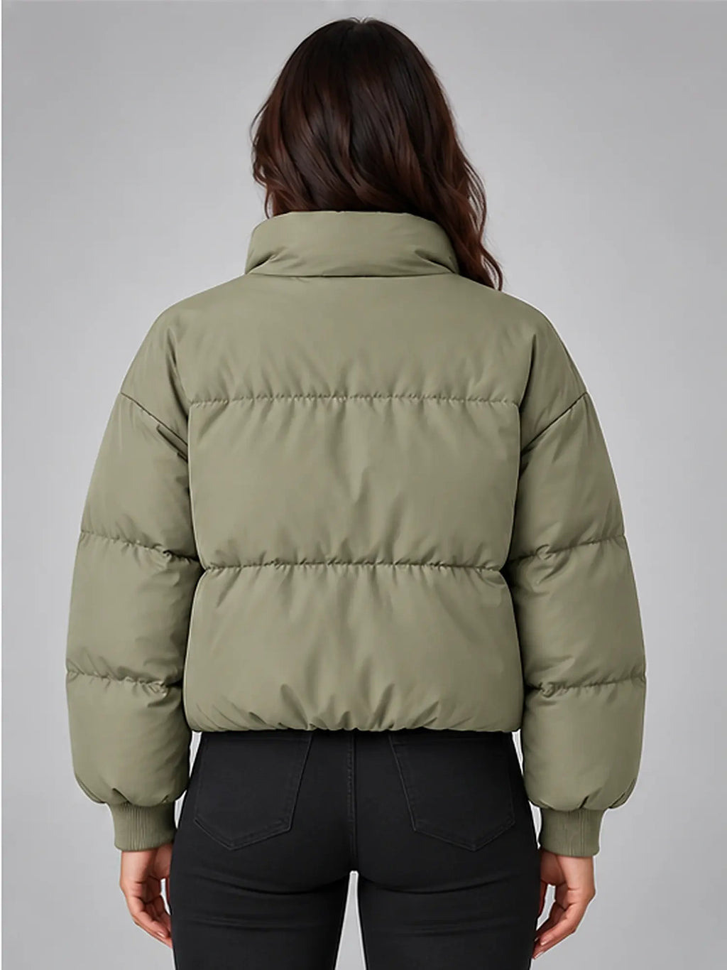 Women's Cropped Puffer Jacket – Funnel Neck in Sage — back view