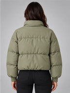 Women's Cropped Puffer Jacket – Funnel Neck in Sage — back view