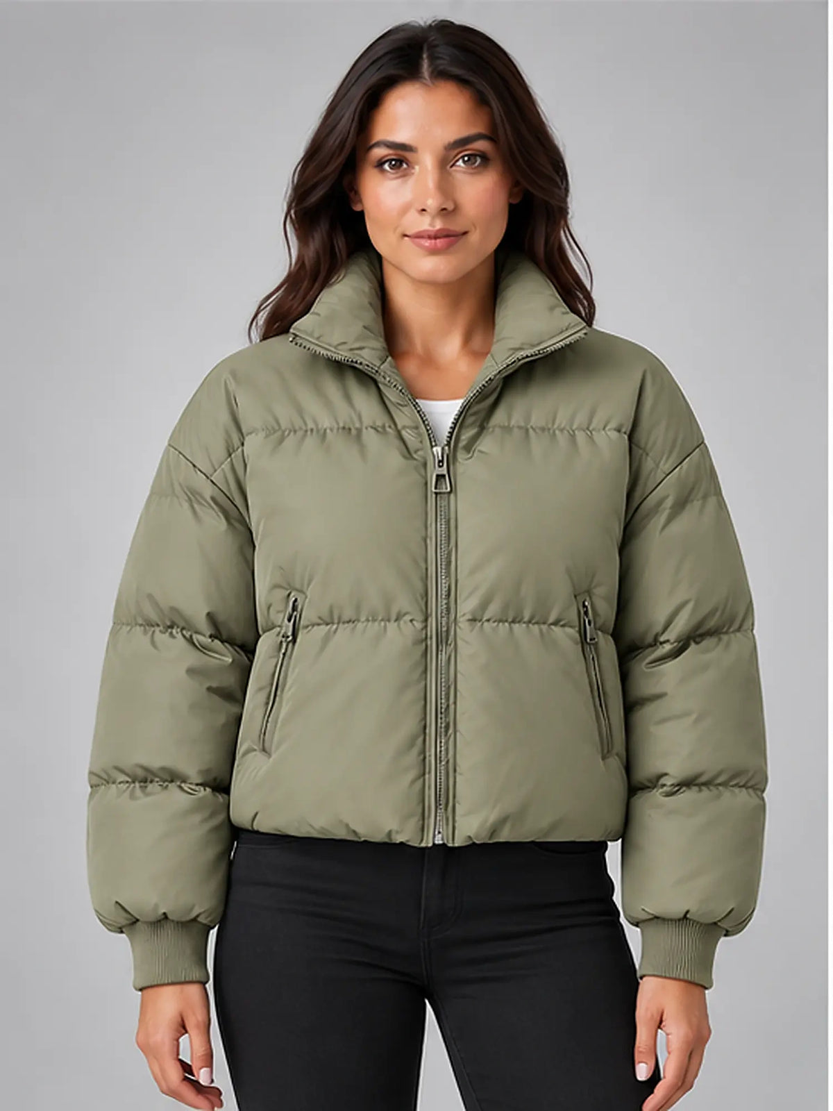 Women's Cropped Puffer Jacket – Funnel Neck in Sage — front view