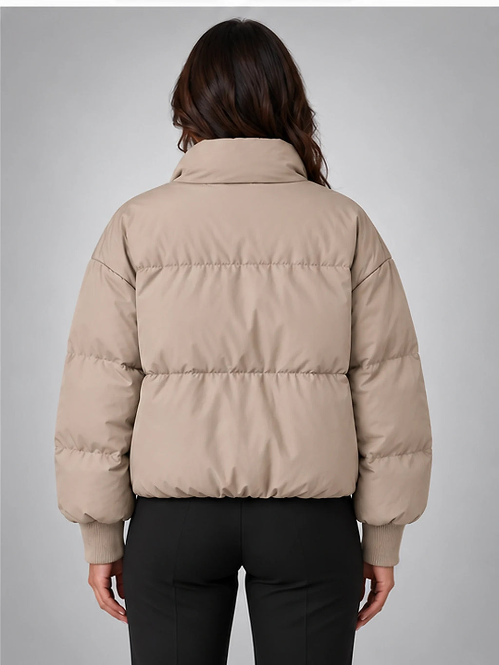 Women's Cropped Puffer Jacket – Funnel Neck in Taupe — back view