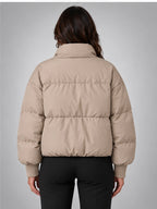 Women's Cropped Puffer Jacket – Funnel Neck in Taupe — back view