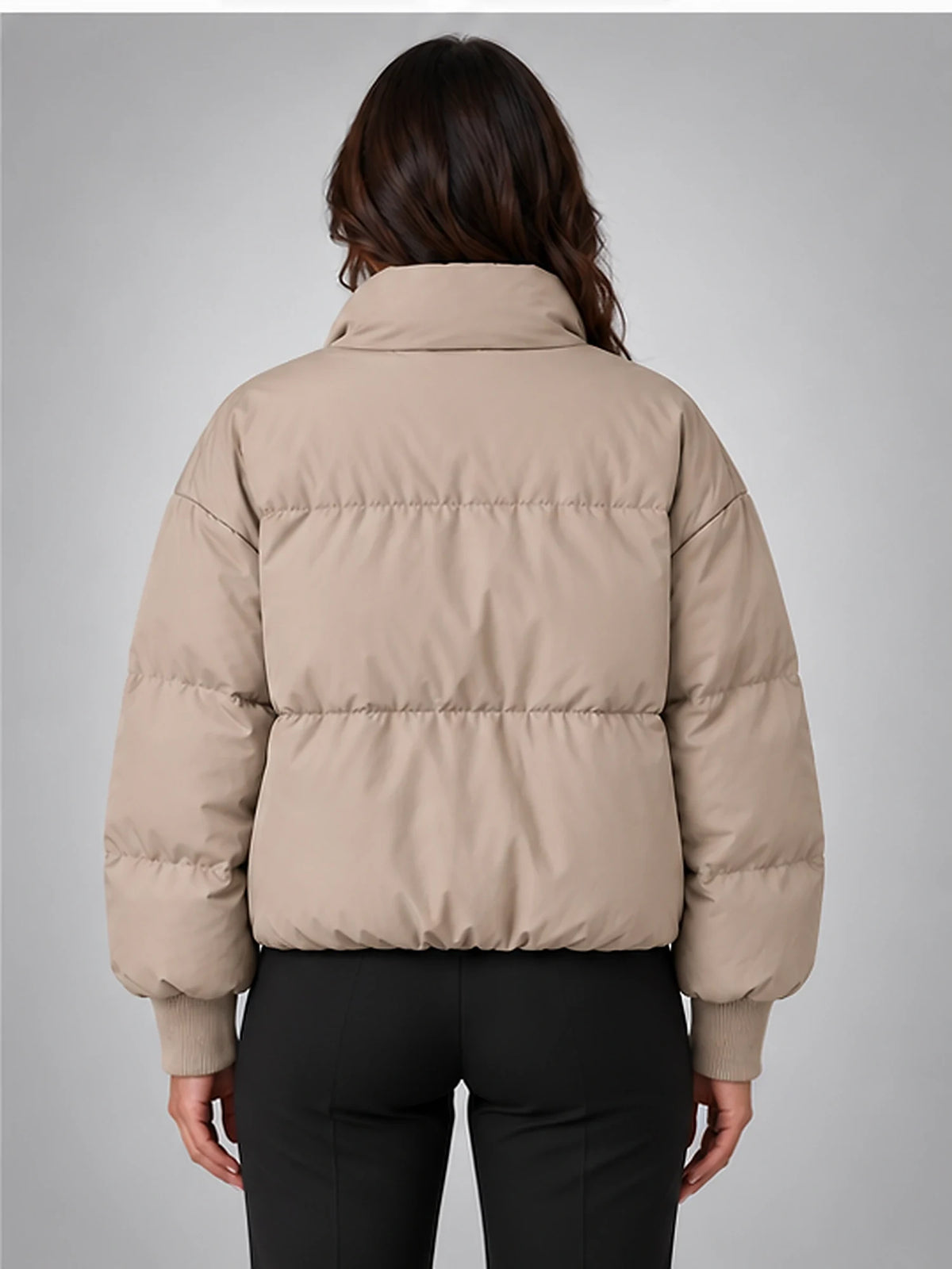 Women's Cropped Puffer Jacket – Funnel Neck in Taupe — back view