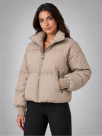 Women's Cropped Puffer Jacket – Funnel Neck in Taupe — alternate view