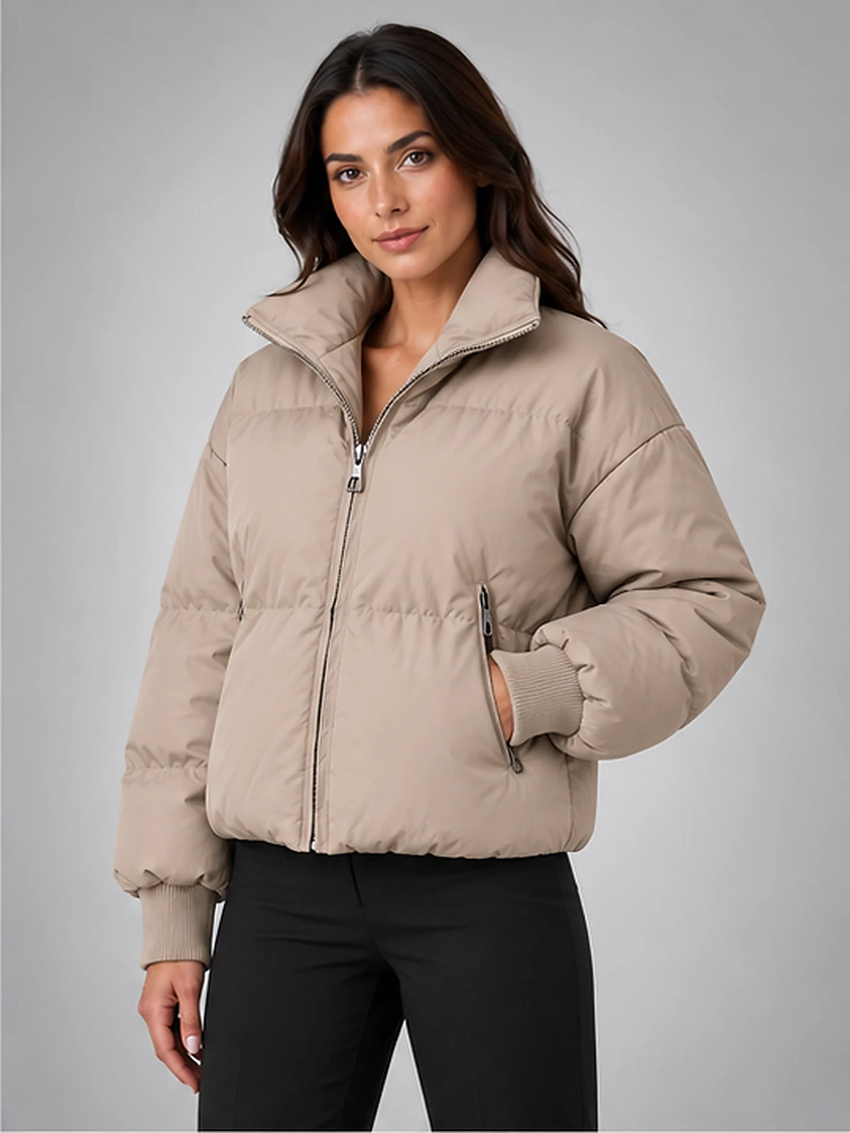 Women's Cropped Puffer Jacket – Funnel Neck in Taupe — alternate view
