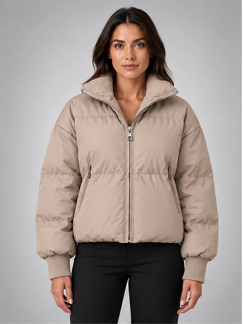 Women's Cropped Puffer Jacket – Funnel Neck in Taupe — front view