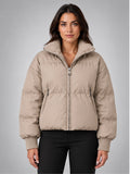 Women's Cropped Puffer Jacket – Funnel Neck in Taupe — front view