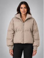 Women's Cropped Puffer Jacket – Funnel Neck in Taupe — front view
