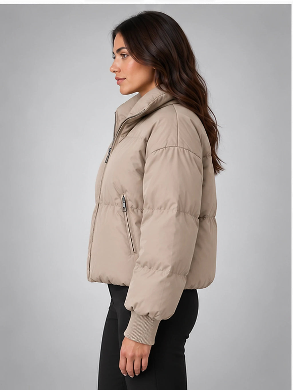Women's Cropped Puffer Jacket – Funnel Neck in Taupe — side view