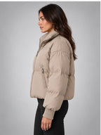Women's Cropped Puffer Jacket – Funnel Neck in Taupe — side view