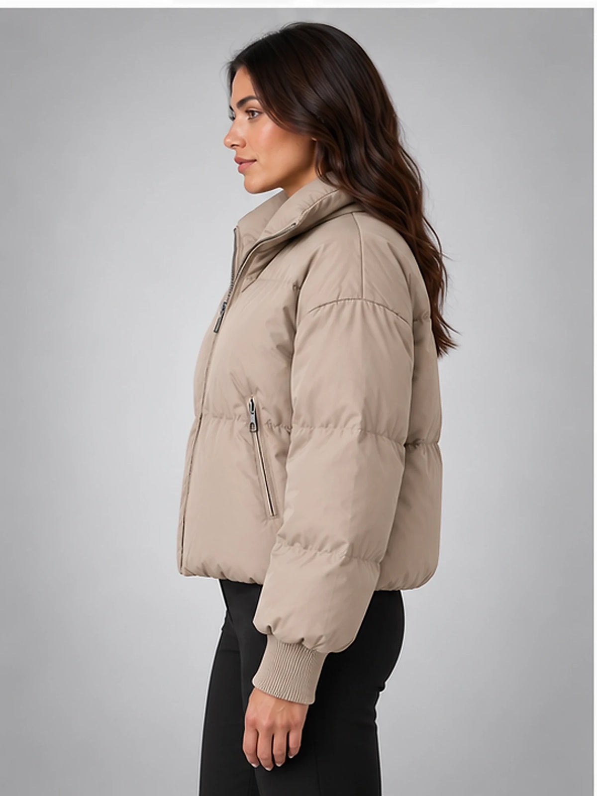Women's Cropped Puffer Jacket – Funnel Neck in Taupe — side view