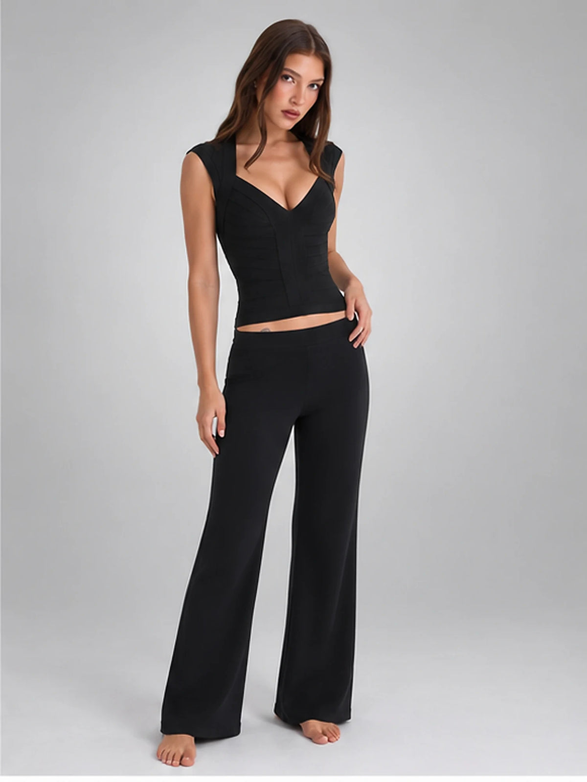 Women's Deep V-Neck Corset Top – Structured Knit in Black — alternate view