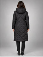 Women's Diamond Quilted Coat – Long Hooded Length in Black — back view