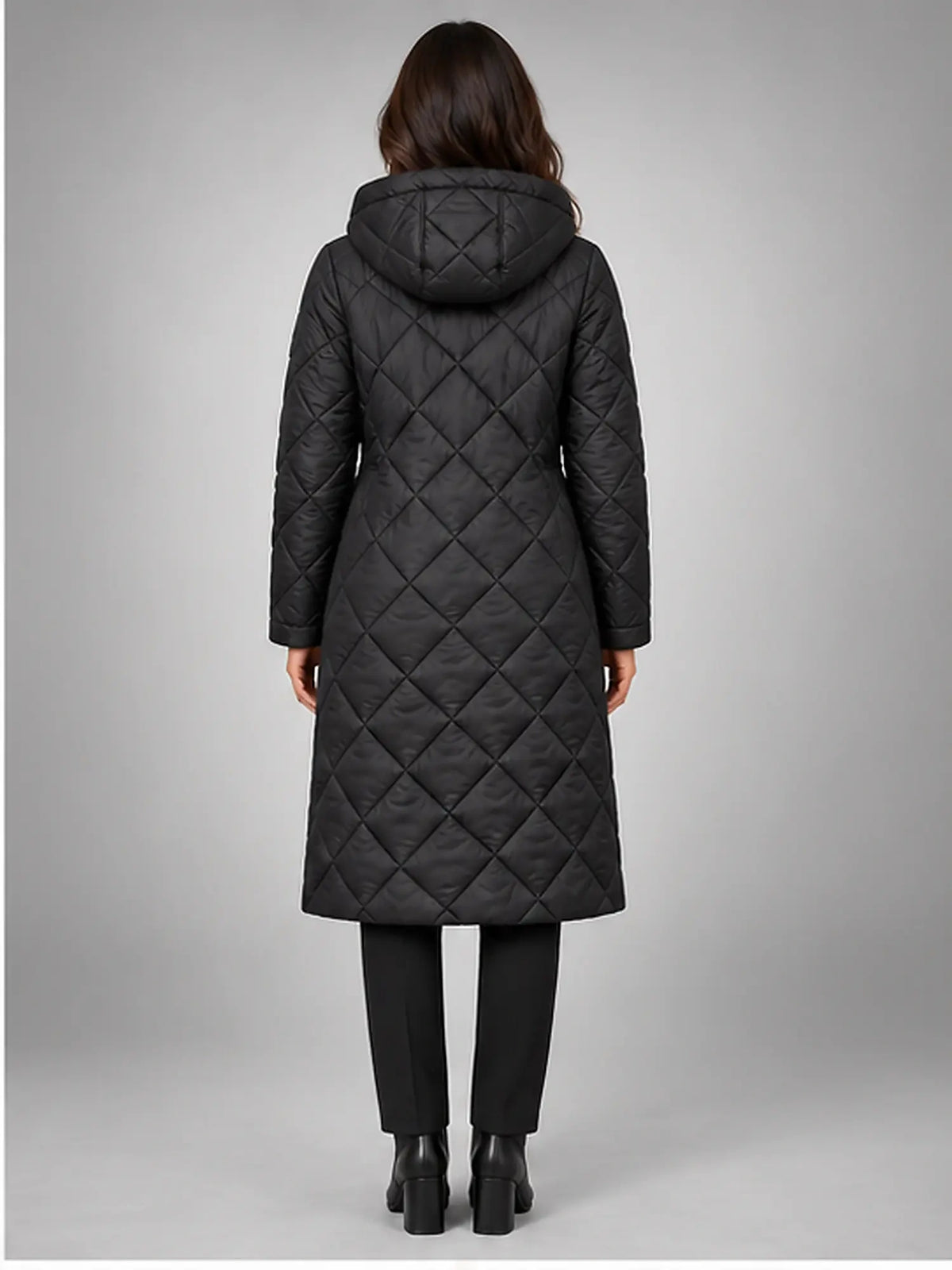Women's Diamond Quilted Coat – Long Hooded Length in Black — back view